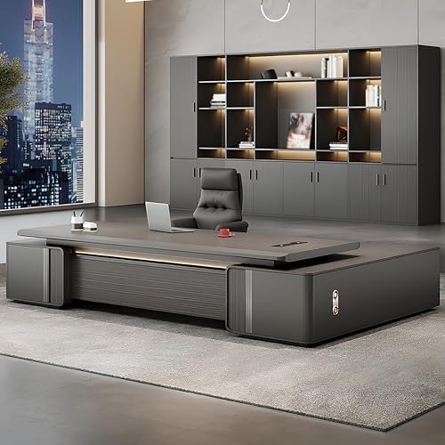 Modern L-Shaped Executive Desk with Drawers, Wooden Office Desk with Hidden Power Outlet, Digital Combination Lock, Aluminum Inlaid Desktop for Home & Professional Office by Unknown