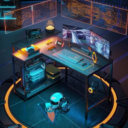 Bestier 42-Inch L-Shaped Gaming Desk with Charging & LED, Marble Black - Image 2