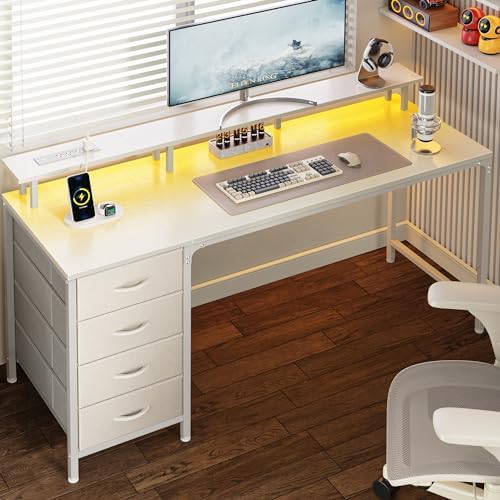 Huuger 55 Inch Computer Desk with Power Outlets and LED Lights, Gaming Desk with 4 Drawers, Office Desk with Monitor Stand, Study Work Home Office, White by Huuger
