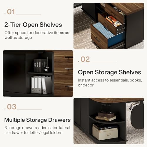 Tribesigns 81-Inch L-Shaped Office Desk, Large Commercial Office Desk with Drawers and File Cabinet, Modern Professional Business Furniture Workstations with Storage Shelves, Brown & Black - Image 6