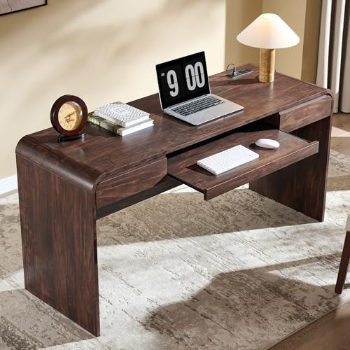 63" Modern Computer Desk with 2 Drawers, Wood Curved (Brown) by ALLTUFOYourDailyEssential