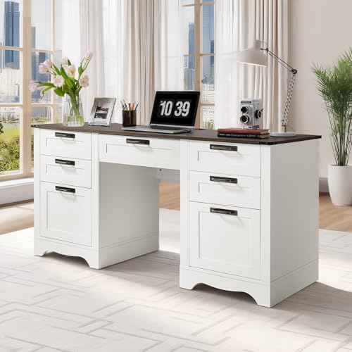 VEVOR 60" Executive Desk with Drawers, Farmhouse Home Office Desk with Charge Station, Keyboard Tray, File Storage Cabinet, 200 LBS Load Capacity Wood Table, Easy Assembly, for Work Study, Walnut by VEVOR