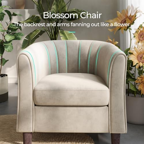 LINSY Accent Chair with Ottoman, Modern Barrel Chair Small Armchair Reading Chair with Footrest, Comfy Round Arms Chair for Living Room Bedroom Reading Room, Velvet, Cream - Image 4