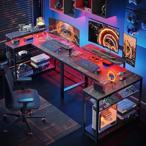 Bestier 42-Inch L-Shaped Gaming Desk with Charging & LED, Marble Black - Image 4