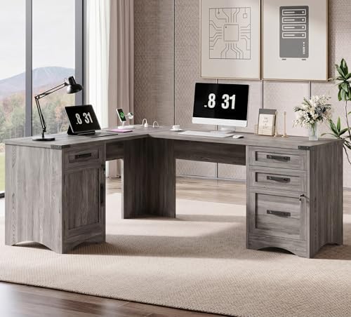Decofy 67" Farmhouse L Shaped Standing Desk with Drawers Home Office Executive Desks with Fast Charging Station, Lockable File Cabinet, Wood Writing Computer Desk for Work, Study, Grey by Decofy