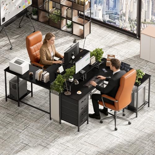 Korfile 59 inch L Shaped Computer Desk with Power Outlets, Black - Image 2