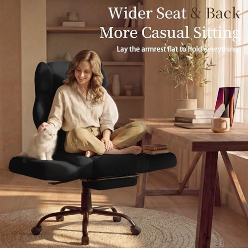 Office Chair with Flip Armrests,Big and Tall Office Chair with Foot Rest,Extra Wide Seat & Lumbar Pillow,Comfy Criss Cross Chair for Pets Sitting,Ergonomic Computer Gaming Chair,Teddy Fleece,Black - Image 5