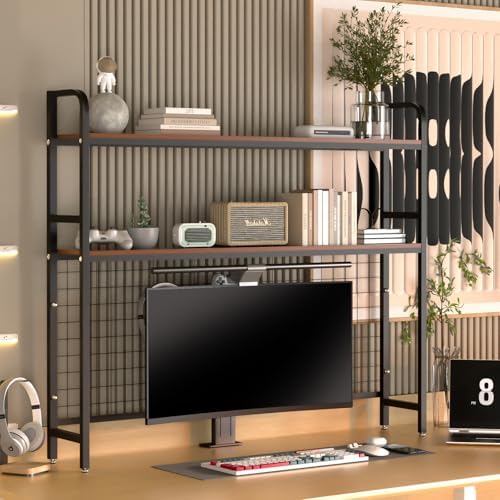 FAHKNS 2-Tier Desktop Bookshelf - Metal Desktop Bookshelf Organizer，Desk Book Organizer with 3 Hooks & DIY Storage Mesh，Suitable for Office/Game Room/Study/Powder Room（Black） by FAHKNS