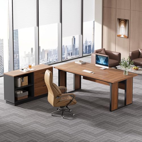 Tribesigns 63‘’ L-Shaped Executive Desk, Office Table with 47-Inch Drawers Cabinet, Large Computer Desk with Storage Shelves, Business Furniture Set for Home Office, Brown - Image 3