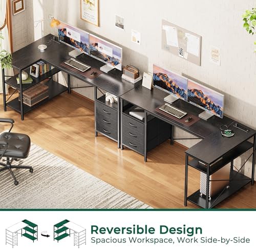 Huuger L Shaped Office Desk with Power Outlets & 3 Drawers - Image 4