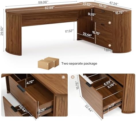 Tribesigns 79" L-Shaped Executive Desk with File Drawers, Brown - Image 2