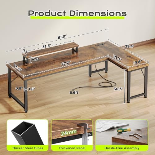 PRAISUN 61" L Shaped Computer Desk, Outlets, Monitor Stand, Rustic Brown - Image 3