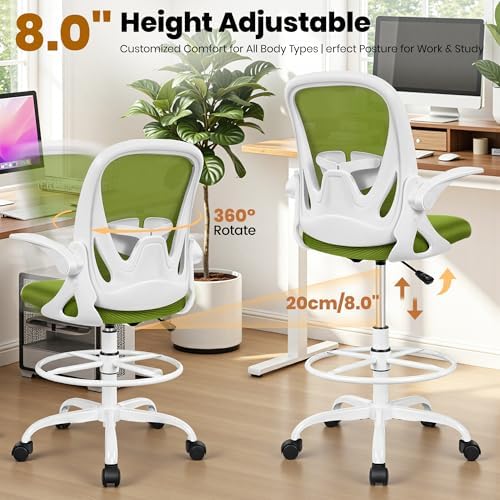 Primy Drafting Chair Tall Office Chair with Flip-up Armrests Executive Ergonomic Computer Standing Desk Chair with Lumbar Support and Adjustable Footrest Ring (AvocadoGreen) - Image 6