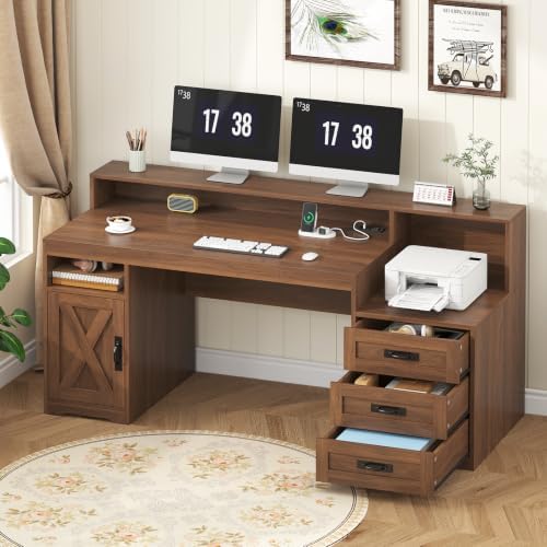 65" Farmhouse Computer Desk with Drawers and Printer Stand for Home Office by TVU