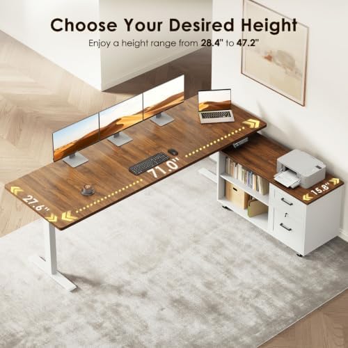 OffiGo 71" L Shaped Electric Standing Desk with Cabinet Sets, Walnut/White - Image 4