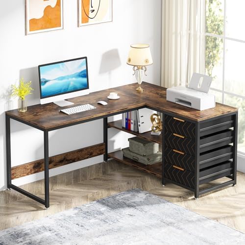 Tribesigns L Shaped Computer Desk with Storage Drawers, 59 inch Corner Desk with Shelves, Reversible L-Shaped Office Desk Study Writing Table Workstation for Home Office, Brown by Tribesigns