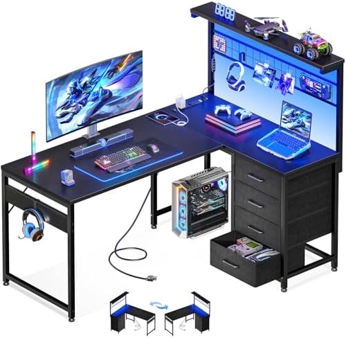 MOTPK 43" L Shaped Gaming Desk with Shelf & 4 Drawers, Black by MOTPK