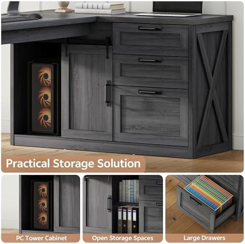78.7" L-Shaped Office Desk with Drawers and File Cabinet Dark Grey - Image 5