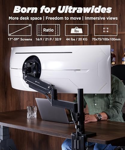 ULTRARM Heavy Duty Monitor Arm for Ultrawide Monitors up to 57" and 44 lbs, Single Desk Stand, Pneumatic Height Adjustable, Modular Extension Arms - Max VESA 100x100, Black, MA20P-S - Image 2