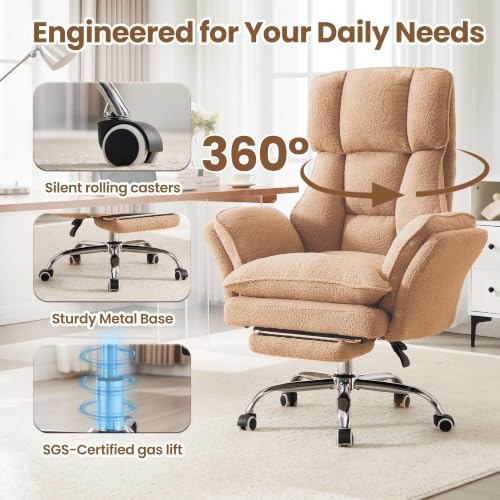 Big and Tall Office Chair with Flip Arms and Footrest, Teddy Criss Cross Legged Home Office Desk Chair with Pet Seat, Comfy Reclining Computer Gaming Chair, Khaki - Image 4