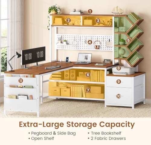 SEDETA L Shaped Office Desk with Drawers and Hutch, Convertible 97.6" Two Person Computer Desk, Corner Gaming Desk with Storage Shelves, LED Light and Power Outlet, White and Brown - Image 5