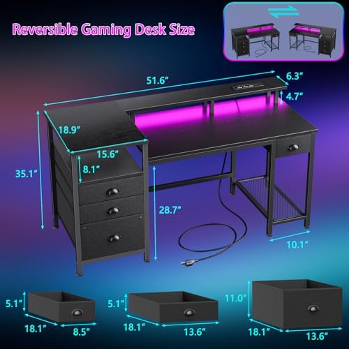 Furologee 52" Gaming Desk with 4 Drawers & LED Lights, Power Outlet, Black - Image 2