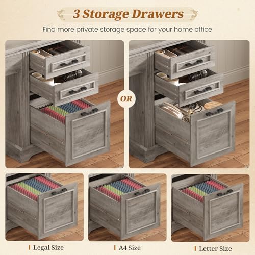 SEDETA Office Desk with 3 Drawers, 47.2" Executive Computer Desk with Storage Drawers and Hutch Cabinet, Wood Farmhouse Desk with Power Outlet for Home Office, Grey - Image 4