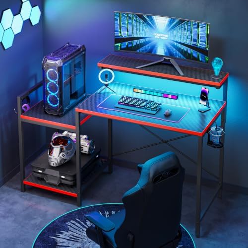 48'' Gaming Desk with Raised Monitor Shelf, LED Lights, Black&Red - Image 7