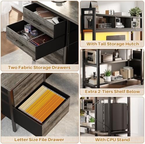 Aheaplus L Shaped Desk with Hutch, Gaming Desk with Led Lights, Reversible Computer Desk with Power Outlet, Corner Desk with File Drawer & Monitor Stand, Storage Shelves for Home Office, Black Oak - Image 5