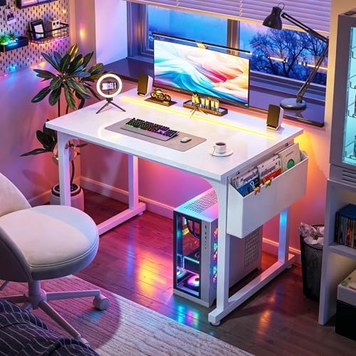 DurayLoly 32" Gaming Desk with Waterproof LED Lights for Bedroom,White - Image 5