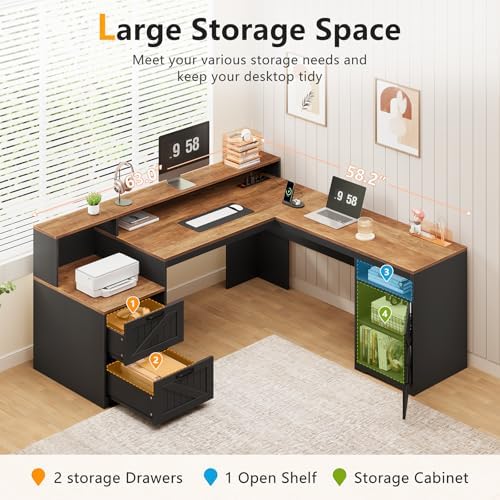 63" Farmhouse L Shaped Desk with Drawers & Printer Shelf for Home Office - Image 4