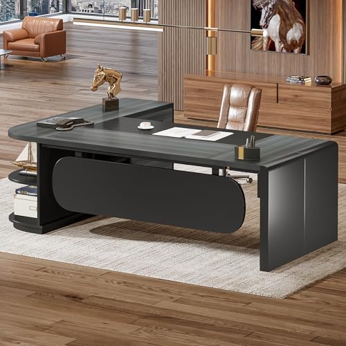 Tribesigns 80'' L-Shaped Desk, Large Executive Office Desk with 55'' Drawers Cabinet, Modern Commercial Office Table with Storage Shelves, Business Furniture for Home Office, Grey & Black - Image 4