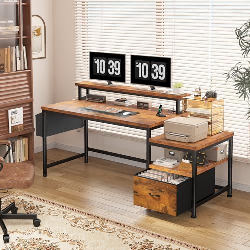 EnHomee 56.5" Office Desk with Drawers & Printer Space for Home Work,Brown - Image 3