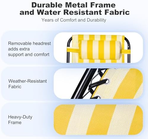 Nazhura Set of 2 Relaxing Recliners Patio Chairs Adjustable Steel Mesh Zero Gravity Lounge Chair Beach Chairs with Pillow and Cup Holder (Yellow Stripe) - Image 5