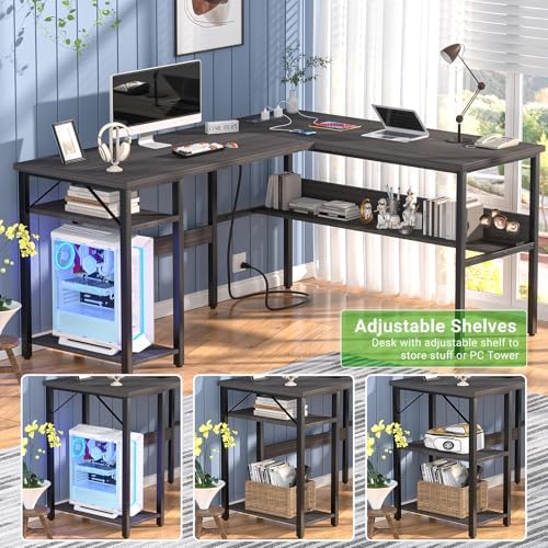 Unikito Reversible L Shaped Desk with Magic Power Outlets and USB Charging Ports, Sturdy Corner Computer Desk with Storage Shelves, Gaming Table Home Office Desk, Easy to Assemble, Enoch Walnut - Image 6