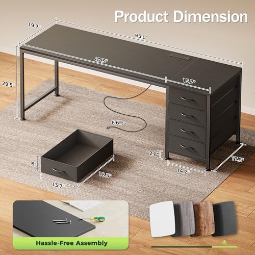 PRAISUN 63 Inch Computer Office Desk with Power Outelts and USB-C Port, Reversible Gaming Desk with 4 Fabric Drawers, Work Study Desk Work from Home, Black - Image 3