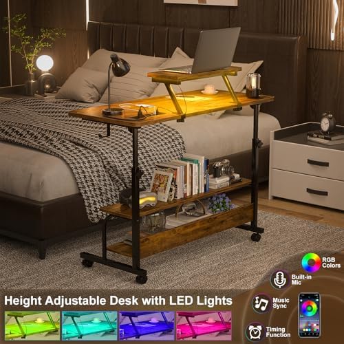 Height Adjustable Standing Desk with Power Outlets and LED Lights - 39" Manual Stand Up Desk with Monitor Stand and Storage Shelves Small Mobile Rolling Computer Desk Portable Laptop Table, Rustic - Image 5