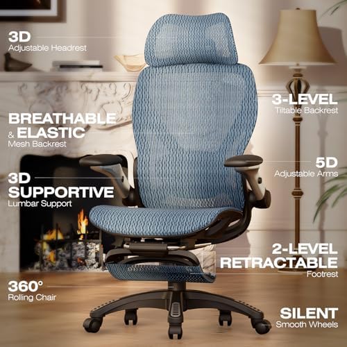 ELABEST X100 Ergonomic Mesh Office Chair with Footrest, Big and Tall Home Desk Chair with 5D Flip-Up Arms, Adjustable 3D Lumbar Support, Gaming & Executive Computer Chair (Oaxaca Blue) - Image 3