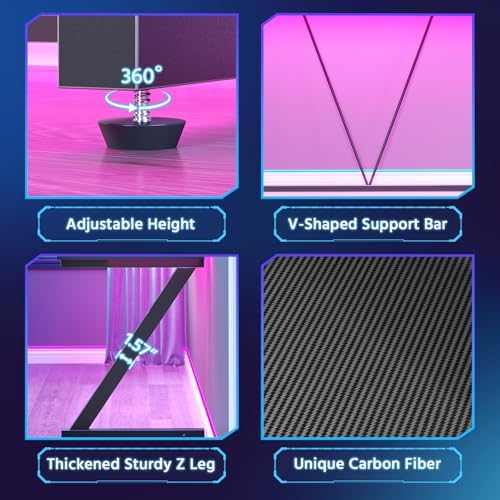 Gaming Desk with LED Lights & Power Outlet, 44.5 Inch Z Shaped Office PC Computer Desk with 3 Fabric Drawers & Monitor Stand, Gamer Table with Storage Shelves for Bedroom, Office Carbon Fiber Black - Image 6
