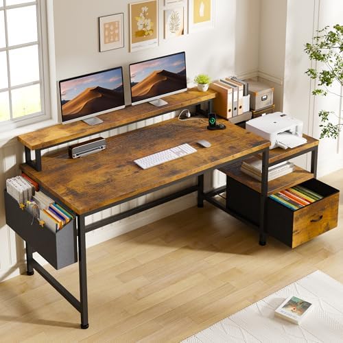 EnHomee 56.5" Office Desk with Drawers & Printer Space for Home Work,Brown by EnHomee