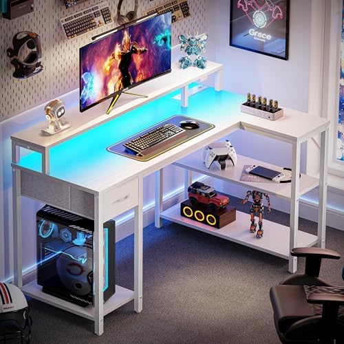 SUPERJARE 47 inch Reversible L Shaped Desk with LED Lights & Power Outlets, Computer Desk with Shelves & Monitor Stand, Gaming Desk with Drawer, Home Office Desk Corner Desk, PU White Drawer - Image 2