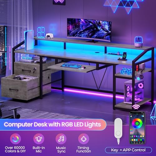 SEDETA 63" Computer Desk, Office Desk with Lockable Drawers for Legal/Letter File, Gaming Desk with LED Lights & Power Outlet, Home Office Desks with Storage, Grey - Image 3