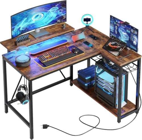 Bestier 42-Inch L-Shaped Gaming Desk with Charging & LED, Rustic Brown by Bestier