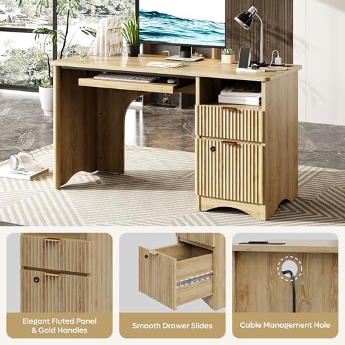 Bestier 55" Desk with Fingerprint Lock & Charging, Keyboard Tray, Oak - Image 5