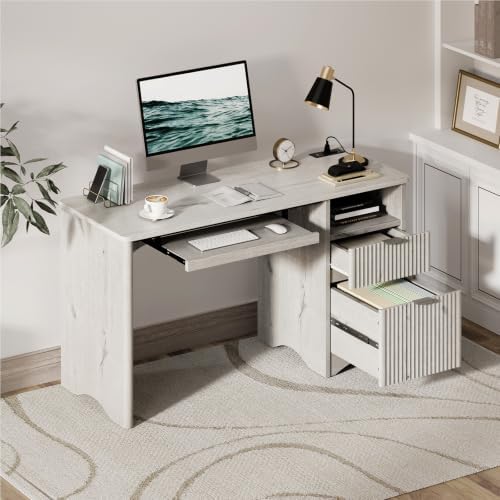 Bestier 55 Inch Computer Desk with Keyboard Tray, File Drawer, White - Image 4