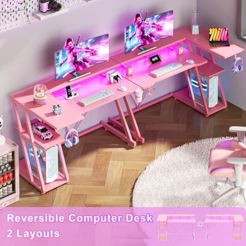 Korfile 40 Inch Pink Gaming Desk with Power Outlet & LED Lights, Corner Computer Desk with 3 Tiers Storage Shelves, L Shaped Gaming Desk with Monitor Stand for Bedroom - Image 3