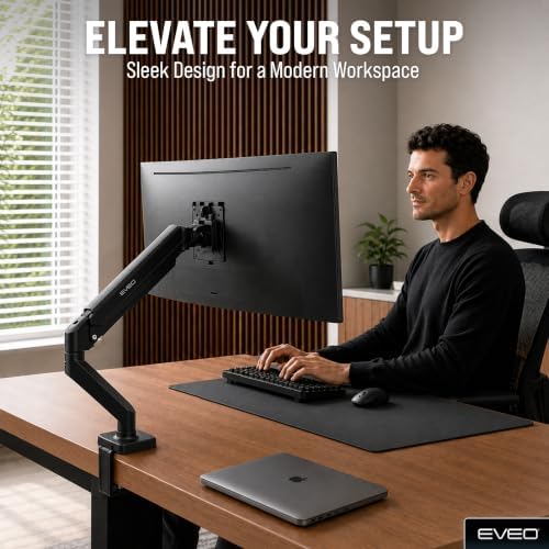 EVEO Premium Single Monitor Arm 14"–34", Adjustable Gas Spring Monitor Mount, Single Arm Desk Mount for 34 Inch Computer Screens, VESA Compatible Stand with Clamp and Grommet Base – Black - Image 3
