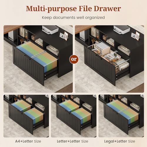 Farmhouse L Shaped Standing Desk with Lateral File Cabinet, 55.1" X 54.3" Electric Executive Desk Adjustable Height with Power Outlets, Shelves, Sit Stand Corner Computer Desk for Home Office, Black - Image 6