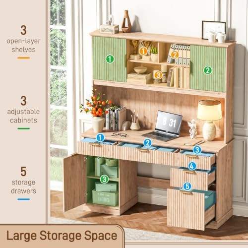 Vabches Farmhouse Executive Desk with 5 Drawers & 3 Storage Cabinets,Oak - Image 5