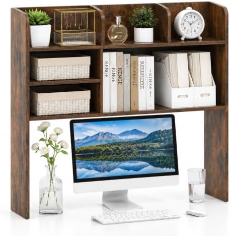 POWERSTONE 37" Desk Hutch with 6 Shelves, Desktop Bookshelf Rustic Brown by POWERSTONE%C2%AE